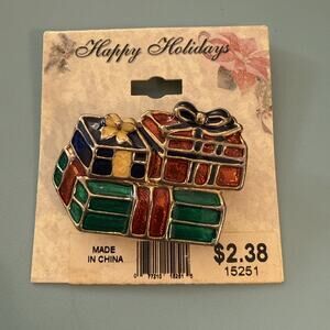 Vintage Christmas Pin Brooch Presents Enamel 1 5/8 Inch
